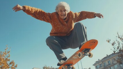 gravitydefying granny spirited elderly woman performs impressive skateboard aerial dynamic pose captures moment of joyful abandon whimsical scene challenges age stereotypes with lighthearted fun