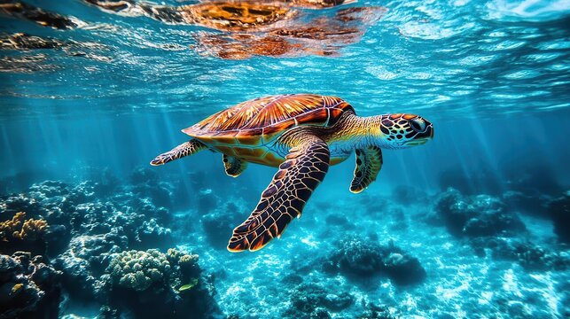 graceful sea turtle gliding through crystalclear tropical waters sunlight filters through surface casting dappled patterns on turtles shell coral reef visible in background