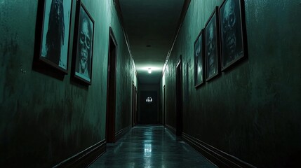 6. Dark and eerie hallway, walls adorned with horror movie posters, a flickering light casting ominous shadows