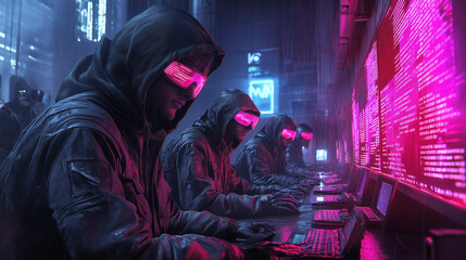 Cyberpunk Hackers in Hoodies Typing in a High-Tech Neon City Setting