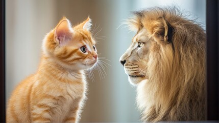 A cute kitten looking at its reflection in a mirror, where an elegant lion stares back, symbolizing confidence and self-belief.