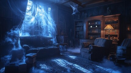 10. Living room turned into a haunted mansion with cobwebs draped over furniture, glowing eyes peeking from dark corners, and a creepy fog filling the air