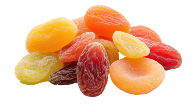 A pile of dried fruit including raisins, dates, and figs