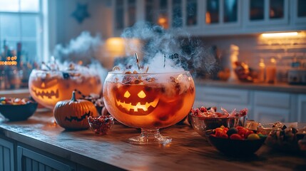 11. Kitchen counter filled with Halloween punch bowls, spooky cocktails with smoke effects, and bowls of themed candy