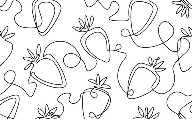 Seamless pattern with strawberries. Continuous line drawing style. Minimalistic fruit background.