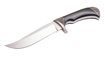 A silver knife with a black handle