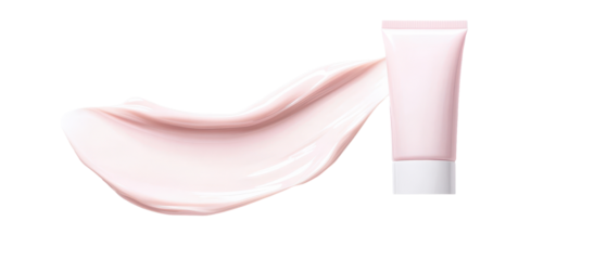 A tube of cream is next to a pink swirl of cream
