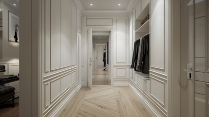 Elegant Hallway Interior Design with White Walls and Wood Floor