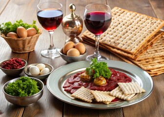 A festive table spreads across the room, adorned with matzah, red wine, and a medley of traditional flavors, including haroset and the seder plate's symbolic offerings.