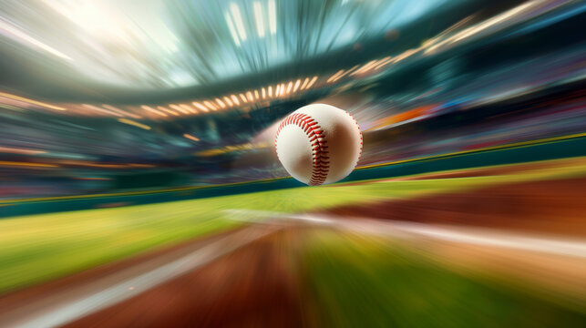 Blurred in motion of a batted ball flies across the field during a baseball match at the stadium.