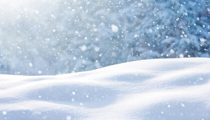 Natural winter background with snow drifts and falling snow in the forest. Christmas background