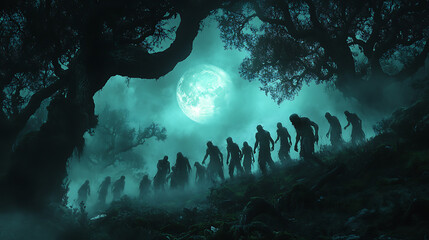 A group of zombies are walking through a forest at night