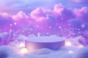 A lavender elegant podium and product pedestal adorned with Christmas crystal decorations, surrounded by snow-covered trees twinkling with lights. This scene creates an expensive, luxurious background