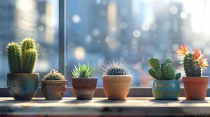 Cactus Collection on Windowsill with City View