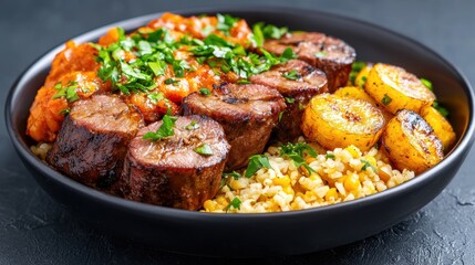 Fototapeta premium Delicious Meal with Meat, Rice, and Plantains