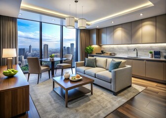 Airy accommodations feature a sleek, fully equipped kitchen, dining area, plush sofa, and expansive balcony offering breathtaking views of the city's vibrant skyline.