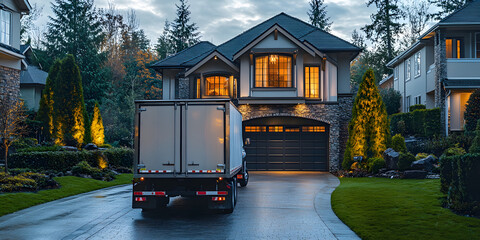 Obraz premium Open moving truck in driveway of upscale suburban house, wide banner