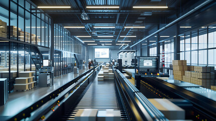 Fototapeta premium Modern Factory Conveyor Belt: Automation & Production Line