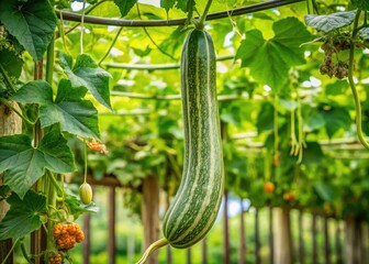 A long, vibrant green snake gourd drapes elegantly from a sturdy vine, surrounded by lush green leaves that provide a natural contrast.