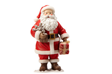 Obraz premium A traditional Santa Claus figurine wearing a red suit with white fur trim, holding a sack of gifts, isolated on a white background