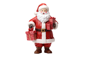 A traditional Santa Claus figurine wearing a red suit with white fur trim, holding a sack of gifts, isolated on a white background