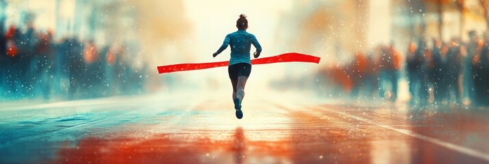 Triumphant Finish, individual crossing the finish line, embodying success, blurred spectators in the background, celebration in the air