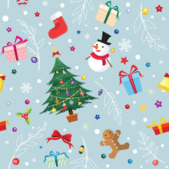 Seamless Christmas background featuring Christmas trees, snowmen, and festive ornaments in vibrant colors. Perfect for gift wrap designs, fabric prints. Vector texture