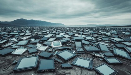 Fototapeta premium A barren landscape littered with broken electronics, symbolizing the environmental impact of ewaste, no blur, photo not dark, everything is clear, copy space