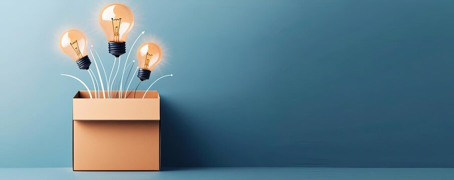 A digital interface showing a box with out of the box ideas flowing onto the screen, symbolizing innovative digital and technological thinking