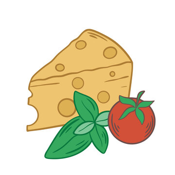 recommend clip art: Triangular piece of cheese with large holes. Dairy ripened cheese with cherry tomato and basil sprig clip art illustration. Hand drawn maasdam or emmental cheese, vector graphics