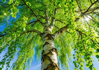 Fototapeta premium A majestic green-leaved birch tree's branches cascade downward, as if beckoning the earth itself to come closer, whispering secrets in the soft rustle of its leaves.