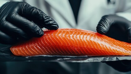 Closeup of labgrown fish fillet being inspected by a scientist, sustainable seafood, food technology in aquaculture, no blur, photo not dark, everything is clear, copy space