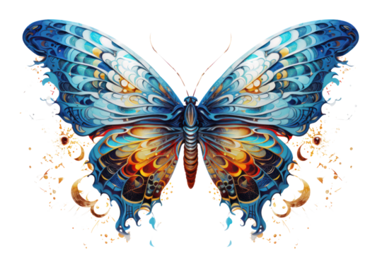 A vibrant digital butterfly with intricate, glowing patterns hovers gracefully in mid-air, set against a clean white background