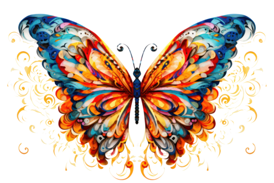 A vibrant digital butterfly with intricate, glowing patterns hovers gracefully in mid-air, set against a clean white background