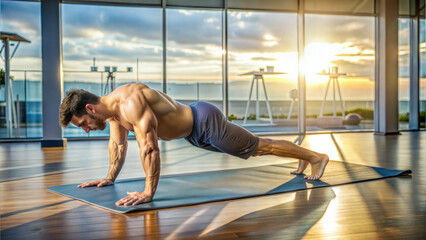 Fototapeta premium Man Doing Plank Yoga Pose in Gym with Sea View Through Window