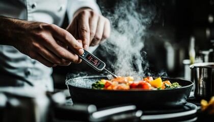 Hands using a digital thermometer in a hightech commercial kitchen for precise cooking