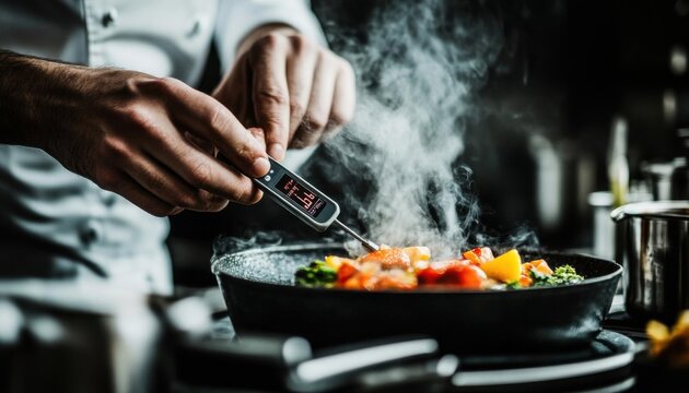 Hands using a digital thermometer in a hightech commercial kitchen for precise cooking