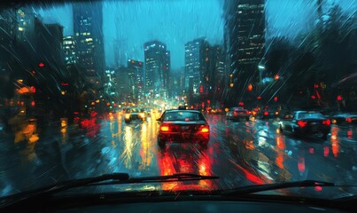 Driving through a rainy city at night.