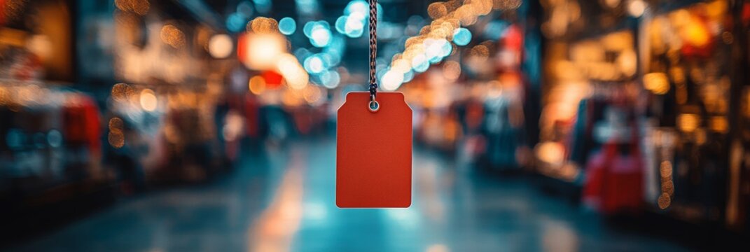 Price Tag Detail, close-up of a price tag on an item, blurred shoppers in background, vibrant retail atmosphere, consumerism focus