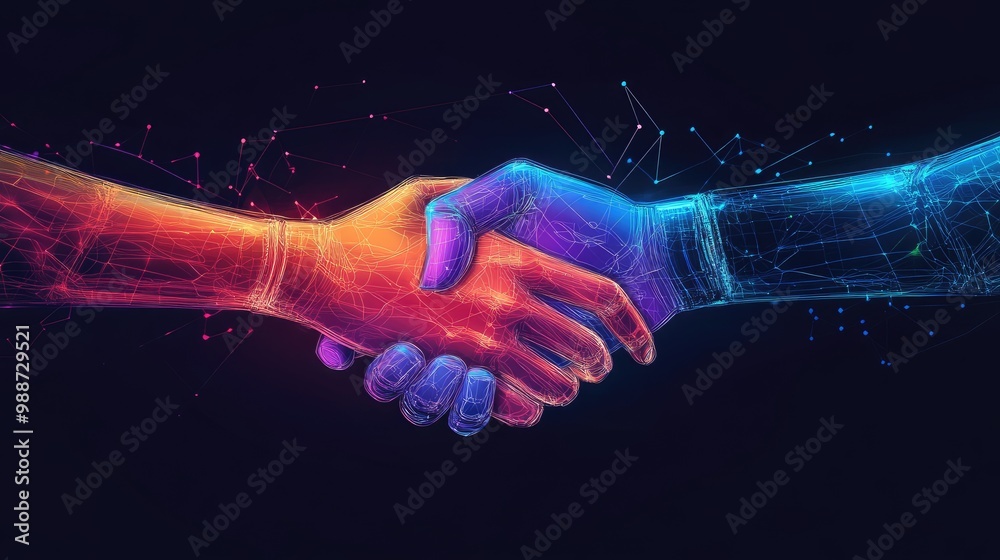 Poster a handshake between human and robot hands, with data streams in the background, representing technol
