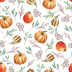 Autumn seamless pattern on a white background. Watercolor illustration.