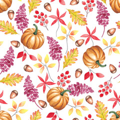 Autumn seamless pattern on a white background. Watercolor illustration.