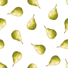 Seamless pattern of ripe pears. Watercolor illustration.