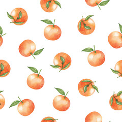 Seamless pattern of tangerines with leaves. Watercolor illustration.