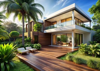Fototapeta premium A modern home with white walls and natural wood flooring blends seamlessly into the lush tropical surroundings, surrounded by verdant vegetation.
