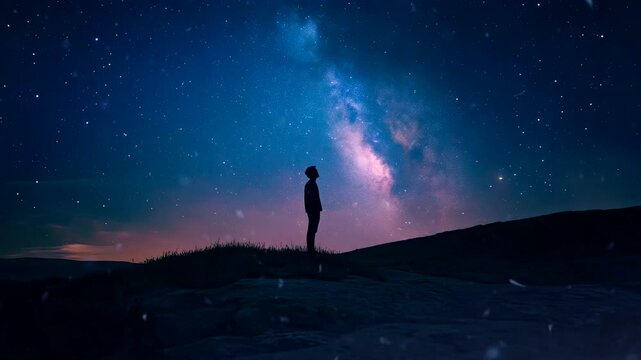 Silhouette of person standing under starry sky with Milky Way galaxy. Seamless looping 4k time-lapse video background.