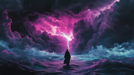 Fototapeta premium Epic Journey: A Mysterious Traveler in a Flowing Robe Navigates a Stormy Sea - Perfect Poster for Adventure and Sports Decor