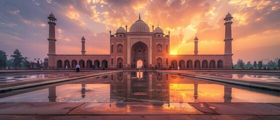 A sunset view of the Taj Mahal with golden light, symmetrical minarets, and a mirrored reflection in front, blending history and nature into a serene yet stunning scene.