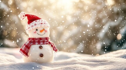 Fototapeta premium Happy snowman standing in christmas landscape