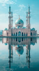 Naklejka premium A serene mosque with a blue dome, white walls, and minarets by still water. Symmetric reflection, light blue sky, and peaceful ambiance.